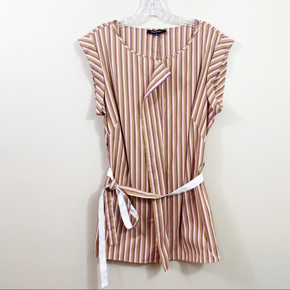 Lafayette 148 Vertical Striped Short Sleeve Rust/Tan/Black Tie-Waist Top